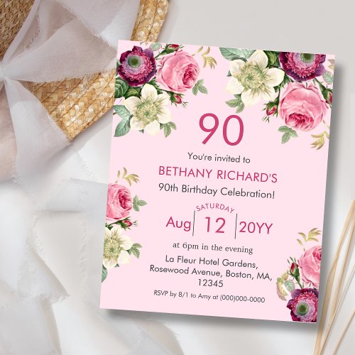 Pink Floral  90th Budget Birthday Invitation