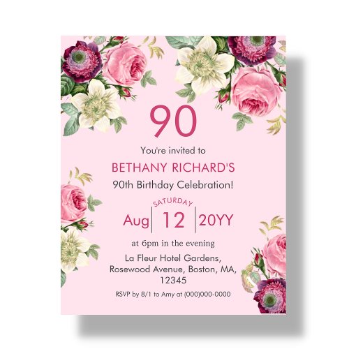 Pink Floral  90th Budget Birthday Invitation