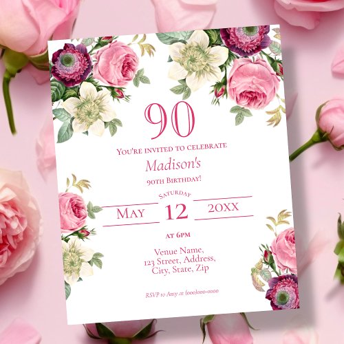 Pink Floral  90th Budget Birthday Invitation