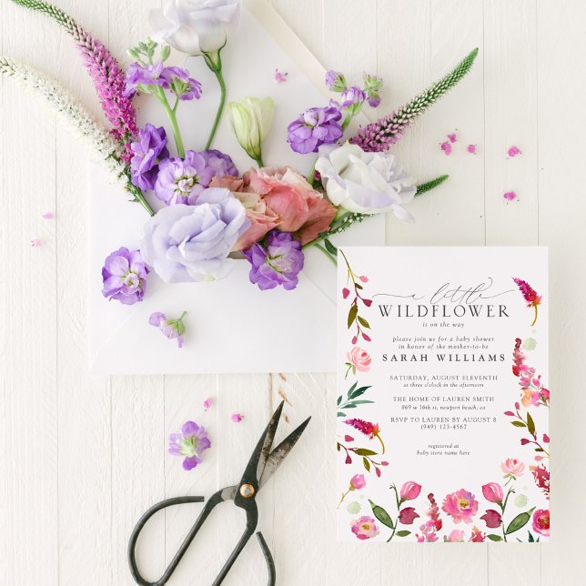 Pink Floral A Little Wildflower Watercolor Shower Invitation (Easily personalize this beautiful little wildflower invitation with your personal details)