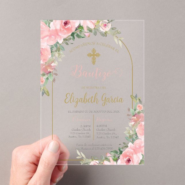 Pink floral acrylic baptism Spanish invitation  (Insitu (Handheld))