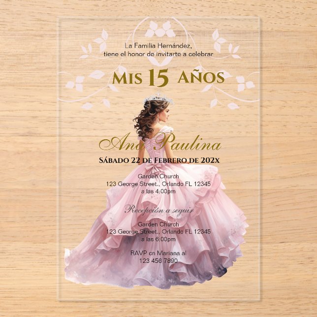 Pink Floral Acrylic Quinceañera Spanish Invitation (Front)