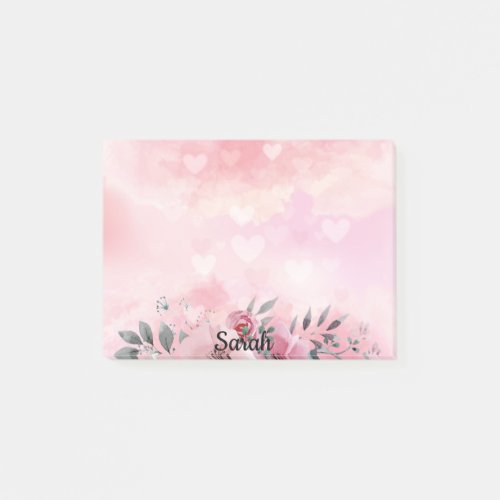 Pink Floral Add Name Cute Office Gift Post_it Notes