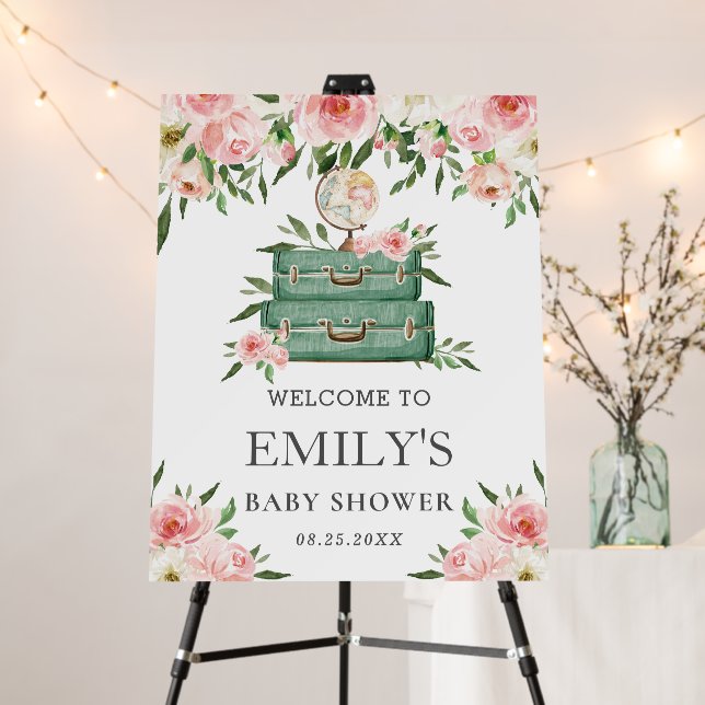 Pink Floral Adventure Journey Baby Shower Welcome Foam Board (In Situ (Stand))