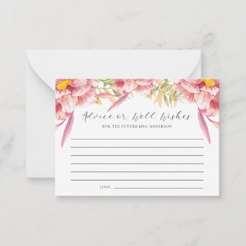 Pink Floral Advise or Well Wishes Bridal Shower Advice Card