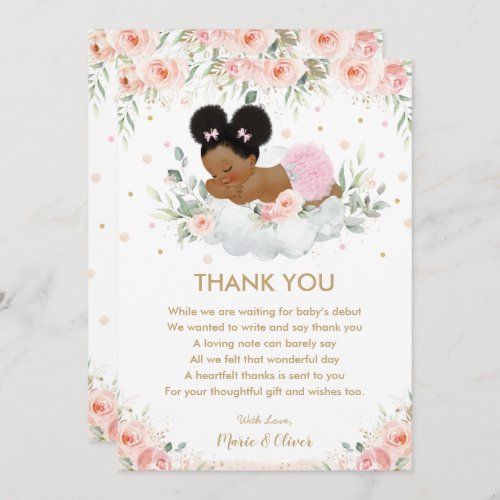 Pink Floral African American Baby Shower Birthday  Thank You Card