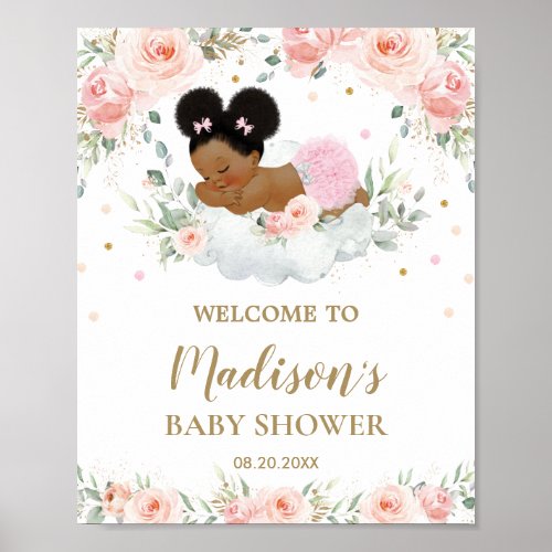 Pink Floral African American Baby Shower Welcome  Poster