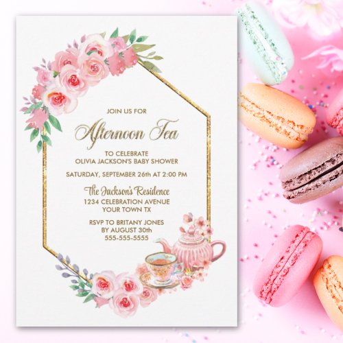 Pink Floral Afternoon Tea Baby Shower Invitation