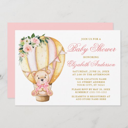 Pink Floral Air Balloon Teddy Bear Baby Shower Invitation