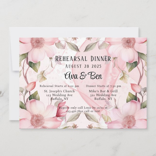 Pink Floral Alcohol Ink Rehearsal Dinner  Invitation (Front)