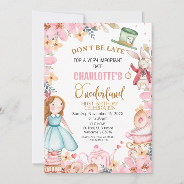 Pink Floral Alice In Onederland 1st Birthday  Invitation (Front)