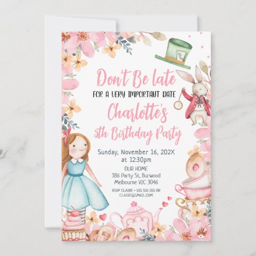 Pink Floral  Alice In Wonderlan Birthday  Invitation