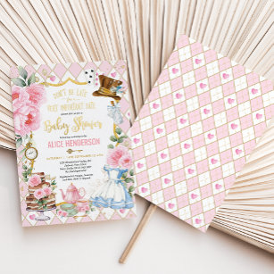 Pink Floral Alice in Wonderland Baby Shower Tea Foil Invitation