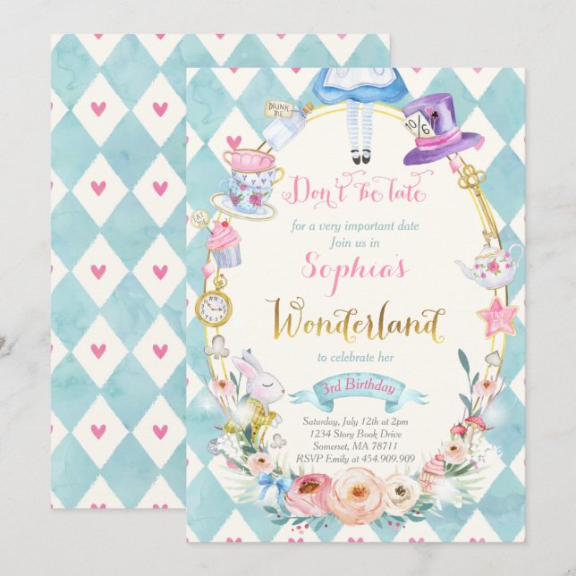 Pink Floral Alice In Wonderland Birthday Tea Party Invitation (Front/Back)