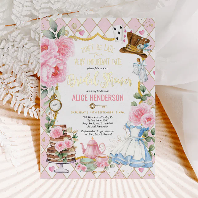 Pink Floral Alice In Wonderland Bridal Shower Tea Foil Invitation 