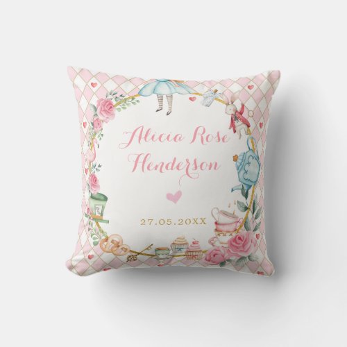 Pink Floral Alice in Wonderland Mad Tea Baby Girl Throw Pillow