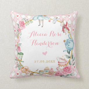 Pink Floral Alice in Wonderland Mad Tea Baby Girl Throw Pillow