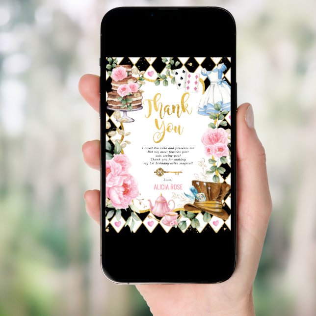 Pink Floral Alice in Wonderland Thank You Card (Front Digital)