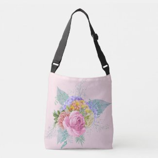 Pink FLoral All Over Print Cross Body Tote Bag