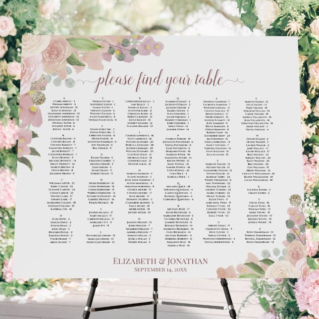 Pink Floral Alphabetical Wedding Seating Chart Foam Board (In Situ on Stand with Flowers)