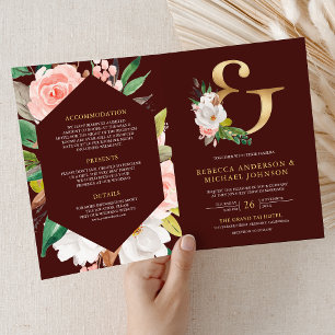 Pink Floral Ampersand Burgundy QR Code Wedding Invitation