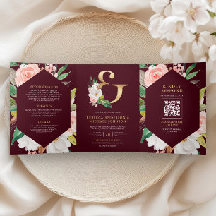 Pink Floral Ampersand Burgundy QR Code Wedding Tri-Fold Invitation