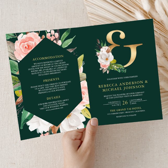 Pink Floral Ampersand Emerald QR Code Wedding Invitation (Creator Uploaded)