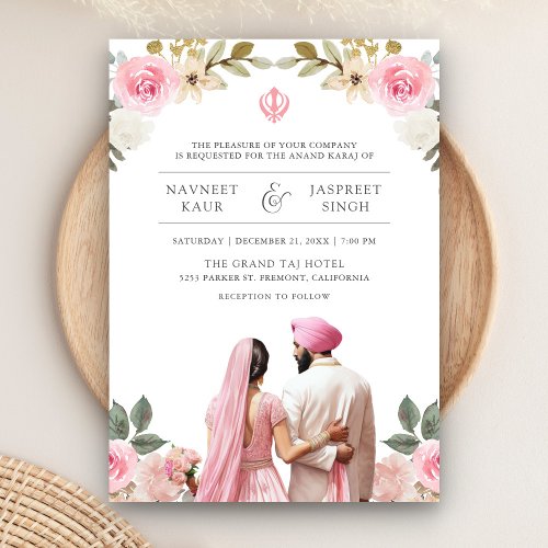 Pink Floral Anand Karaj Indian Sikh Wedding Invitation