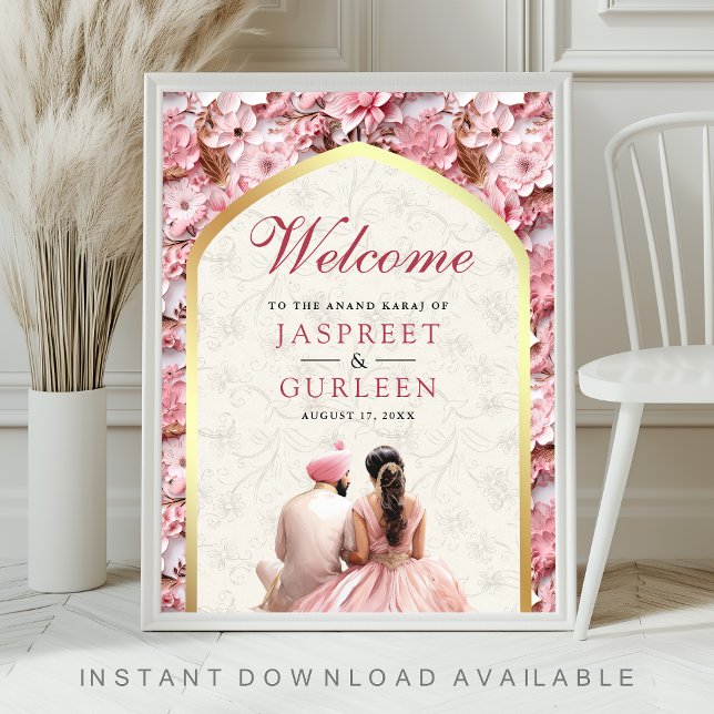 Pink Floral Anand Karaj Sikh Wedding Welcome Sign (Creator Uploaded)