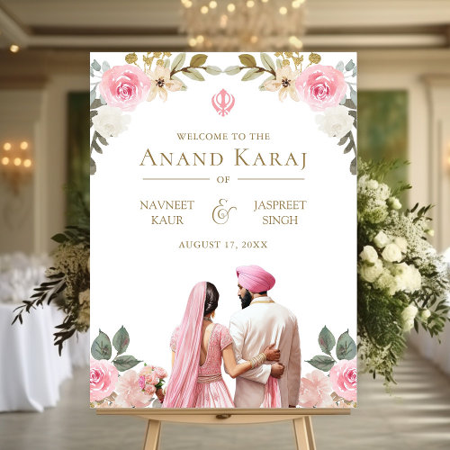 Pink Floral Anand Karaj Sikh Wedding Welcome Sign