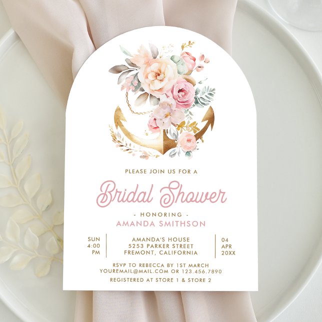 Pink Floral Anchor Nautical Arch Bridal Shower Invitation (Creator Uploaded)