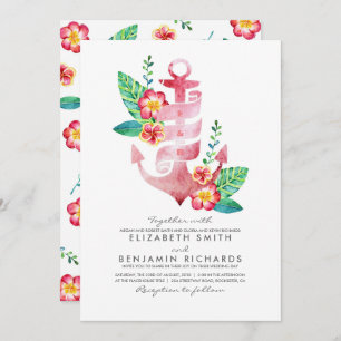 Pink Floral Anchor   Nautical   Beach Wedding Invitation
