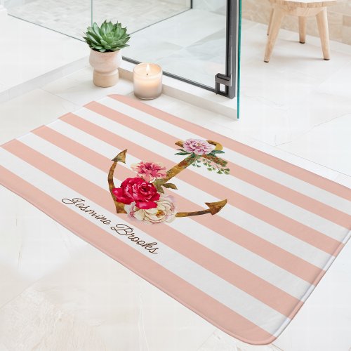 Pink Floral Anchor Nautical Stripes Custom Name Bath Mat