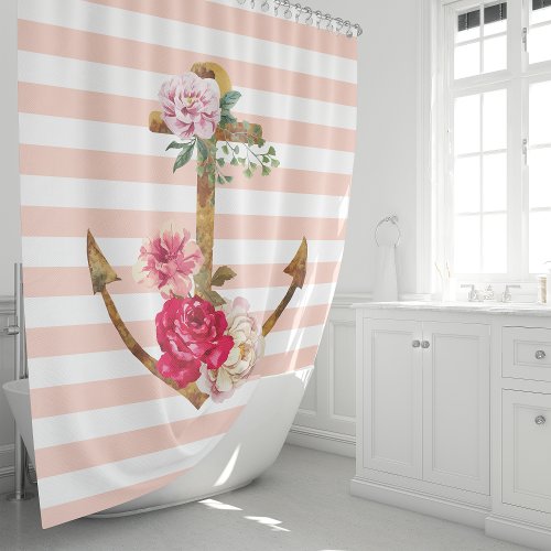 Pink Floral Anchor Nautical Stripes Shower Curtain