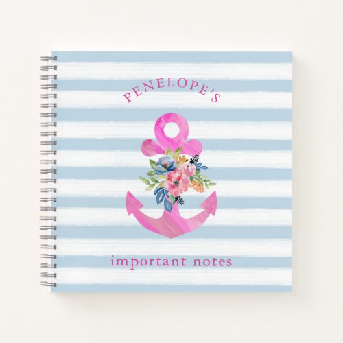 Pink Floral Anchor  Trendy Blue Stripes Notebook