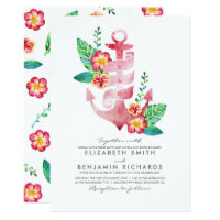 Pink Floral Anchor Vintage Nautical Beach Wedding Card