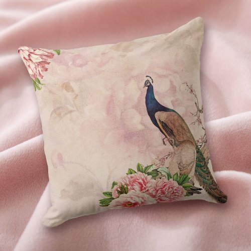 Pink Floral and Antique Peacock Throw Pillow