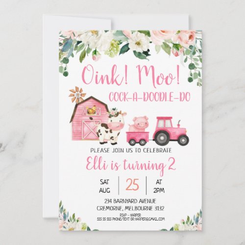Pink Floral And Barn Farm Animals Birthday