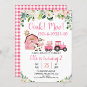 Pink Floral And Barn Farm Animals Birthday Invitation (Front/Back)