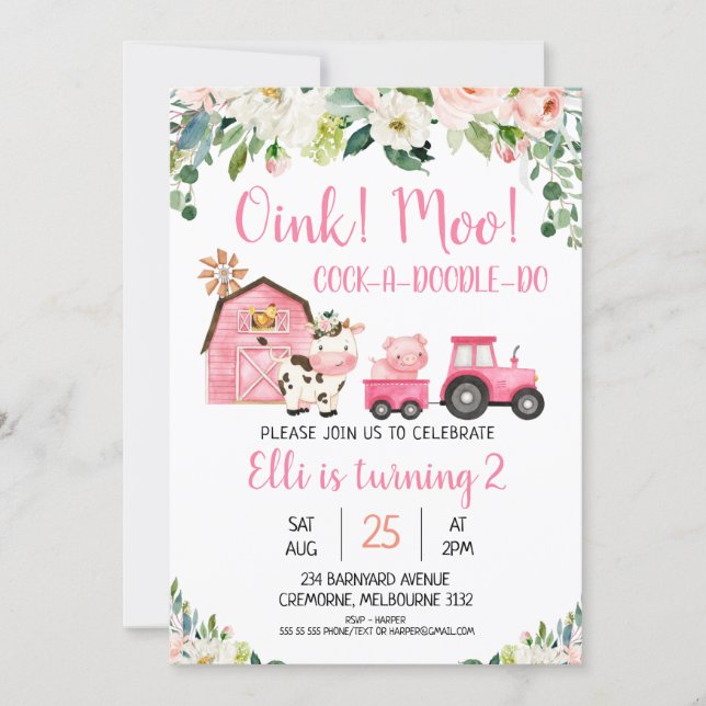 Pink Floral And Barn Farm Animals Birthday Invitation (Front)