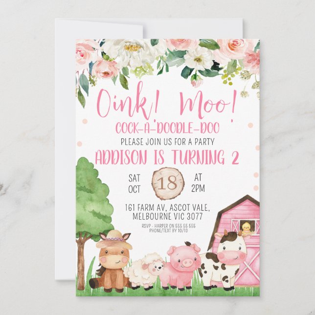 Pink Floral And Barn Farm Birthday Invitation (Front)