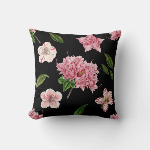 Pink Floral and Black Throw Pillow