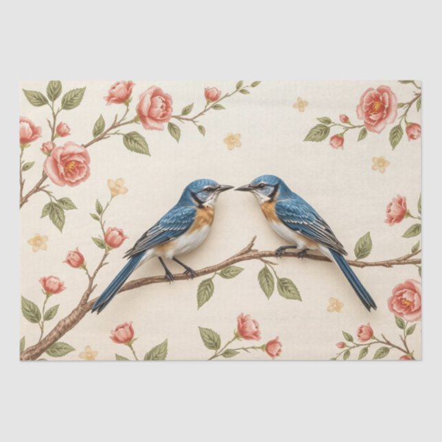 Pink Floral and Blue Bird Design Decoupage  Tissue Paper (Front)