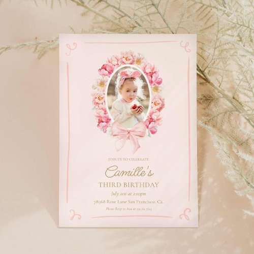 Pink Floral and Bow Girl Photo Birthday Invitation