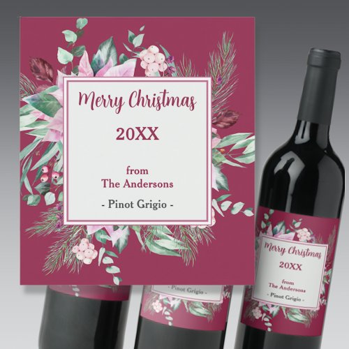 Pink Floral and Burgundy Christmas Wine Label
