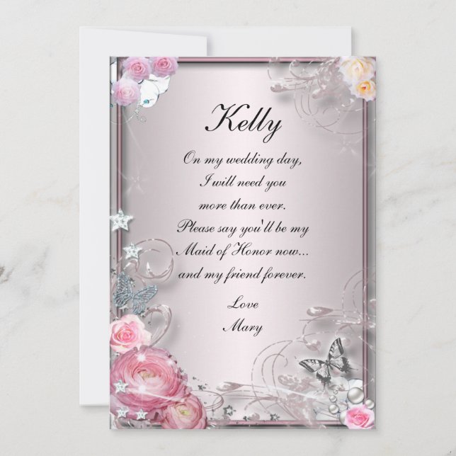 Pink Floral And Butterfly Maid Of Honor Card (Front)