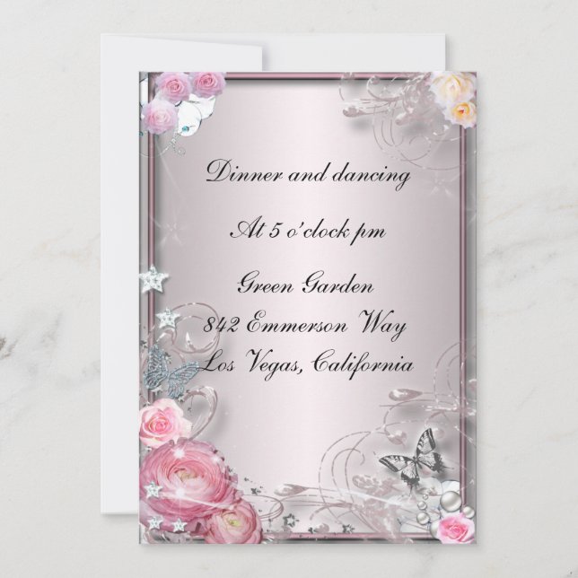 Pink Floral And Butterfly Reception Card (Front)