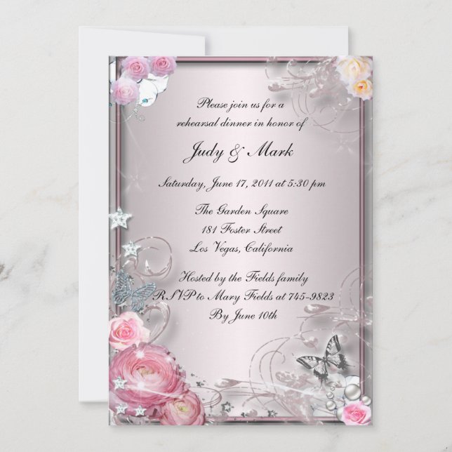 Pink Floral And Butterfly Rehearsal Dinner Invite (Front)