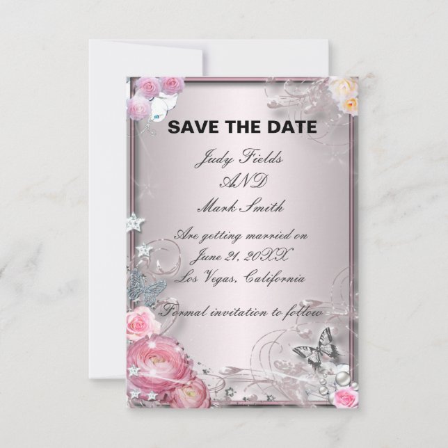 Pink Floral And Butterfly Save The Date Card (Front)