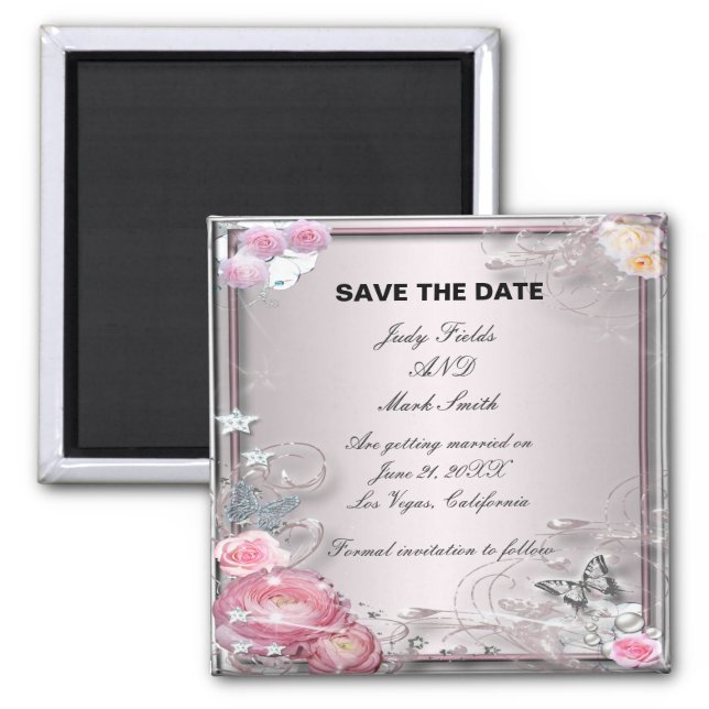 Pink Floral And Butterfly Save The Date Magnet (Front)